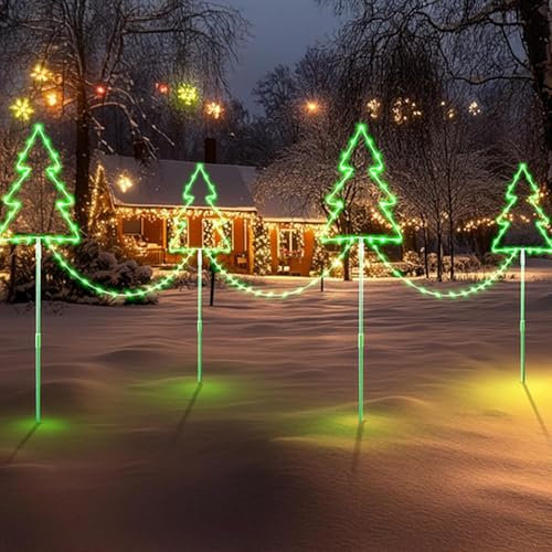 Quntis 4 Pack LED Christmas Tree Pathway Lights Mains Powered Garden Stake Lights with Colour Changing 8 Modes Timer Memory Function Waterproof for Xmas Holiday Path Yard Lawn Decoration