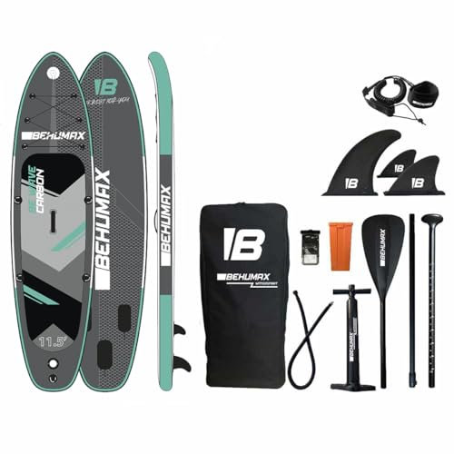 Tabla de Paddle Surf Be Wave Carbon 11.5, hasta 160kg, 348x84x15cm, Remo, hinchador, Mochila Impermeable, 3 Aletas, Kit de reparación