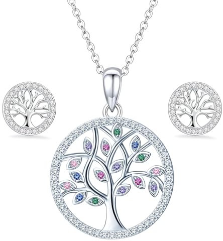 Argent 925 Collier Arbre de Vie et Boucles d'oreilles Set, Arbre Pendentif et Boucles d'oreilles en Argent Sterling 925, Collier Arbre de Vie avec Chaîne