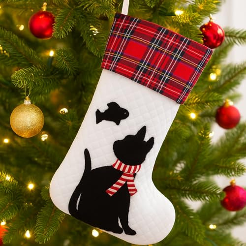 Weihnachtsstrümpfe, 53,3 cm, große Tier-Weihnachtsstrümpfe mit 3D-Katze, Haustier, Weihnachtsstrümpfe, luxuriöser Samt, rot, schwarz, weiß, Strumpf für Weihnachtsdekoration, Kamin, Weihnachtsbaum