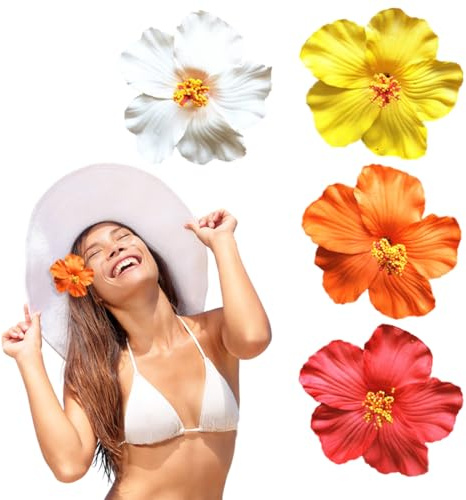 EIHI Pinzas para el Cabello de Plumeria Hibiscus Hawaianas - 4 Piezas Artificiales para Fiestas en la Playa