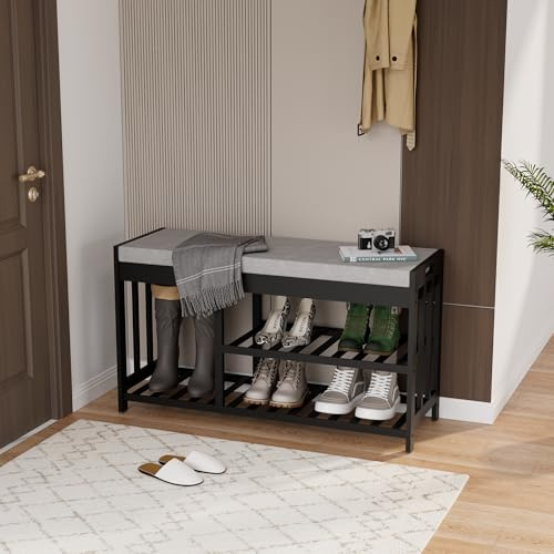 Bamboo Shoe Storage Bench with Cushioned Seat 3-Tier Entryway Shoe Rack