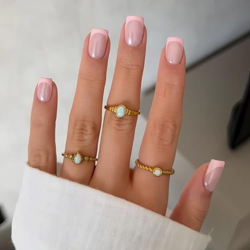 SXVME 30 Pcs Acrylic Press on Nails Short Square, Light Pink French Tip False Nails Short Coffin, Natural Nude Fake Nails Set Classic Soft Gel Stick on Nail for Women Daily Wedding Wear