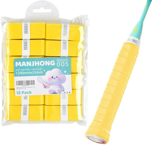 MANJHONG Badminton Racket Grip Tape (Pack of 6/12) - Soft & Anti Slip PU Overgrip for Squash Padel Tennis Racquet, 12 Pack Yellow