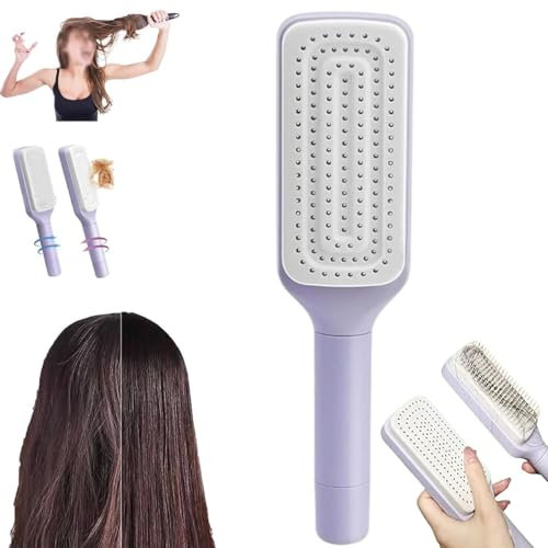 Bristleflex - Cepillo de pelo autolimpiante, peine de masaje antiestático autolimpiante, cepillo de masaje antiestático, peine de masaje retráctil de limpieza para todo el cabello (morado)