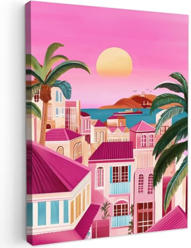 MuchoWow© Impression sur Toile Photo Peinture 60x80 cm Tableau Decoration Murale Chambre Salon Maison Deco Cuisine Ville - Rose - Palmiers