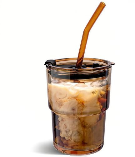 Olvini 13oz Glass Tumbler with Straw and Lid, Reusable Iced Coffee Cup Tumbler, Cute Glass Cups for Water, Matcha, Travel Coffee Mugs (Amber - 13oz)