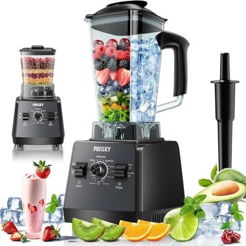 Licuadora profesional, batidora de batidos, mezcladora y amoladora PRASKY Max.2400 vatios/1000 vatios, 25000 rpm, potente cocina, 68 onzas, sin BPA, 2 recipientes, trituradora de hielo, jugo