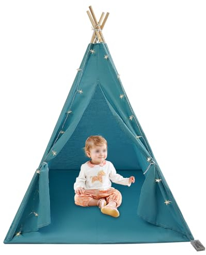 Kinderzelt Spielzelt für Mädchen und Jungen Großes Spielhaus mit Sternenlichtern und Matte Geräumig für 3-4 Kinder Zimmer Zeltmit Vorhängen Robust für Indoor Outdoor Spielen Einfache Montage (Blau)