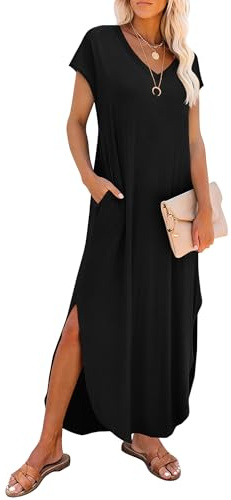 RUMIA Summer Casual Maxi Dresses for Women- Women's V Neck Cap Sleeve Long Sundress with Pockets Beach Vacation Black