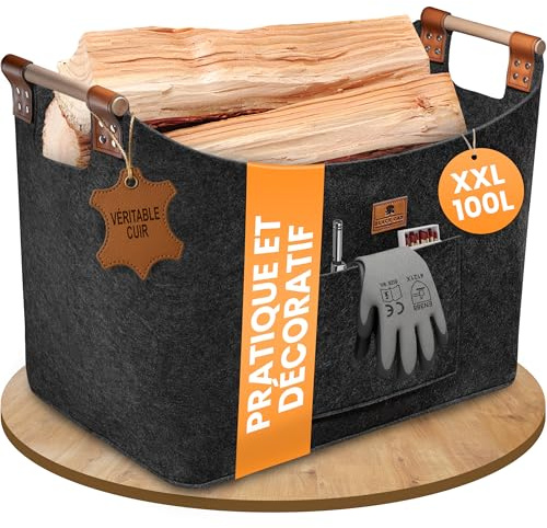BLACK OAK Holzkorb MONTANA XXL 100L 60x36x45cm Filzkorb für Holz anthrazit | Echt-Leder Applikation + breite Griffe + Fronttasche extra groß - Filz Tasche Korb für Holz faltbar Transport & Aufbewahrung