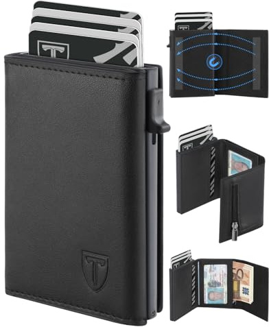 TEEHON Cartera Hombre de Cuero con Cierre Magnético, Tarjetero con Bloqueo RFID, Cartera Tarjetero Hombre pequeño para Crédito, Billetes y Monedas con Caja de Regalo, Toda Estación, Negro & Gris