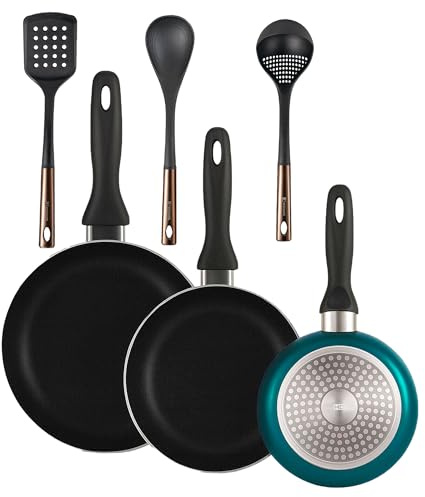 Well Home Set di 3 padelle Ø16Ø20Ø24cm in alluminio pressato in blu metallizzato+ Set di 3 utensili da cucina in PBT nero e rame