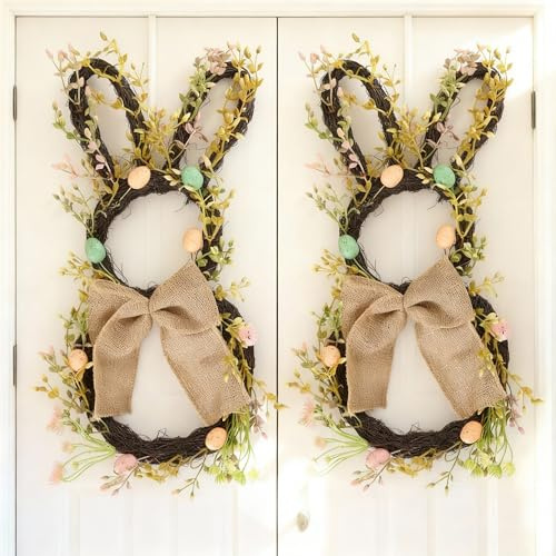 2er Set Osterkranz Haustür 50cm, Hasenförmiger Türkranz Frühling mit bunten Ostereiern & Naturreben, Leicht (620g) Frühlingskranz Wanddeko & Frühlingsgruß für Draußen & Innen