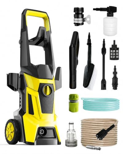 3000W Hidrolimpiadora de Alta Presión 135 Bar, Caudal 360L/h con Bomba de Aluminio Profesional, Manguera de 10m y Kit de Limpieza Completo para Coche, Jardín, Terrazas y Fachadas