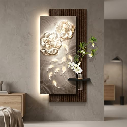 Arte de Pared 3D LED de Arenisca Texturizada, Diseño Floral y Nueve Peces, Alimentación Enchufable, Jarrón de Vidrio con Planta Artificial(50x100cm(19.7x39.4in),D)