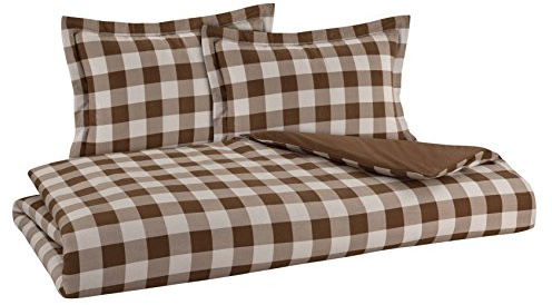 DELANNA Flannel Reversible Duvet Cover Set 100% Cotton 1 Duvet Cover 102 x 90 and 2 Shams 20 x 36 (King, Buffalo Check Brown)