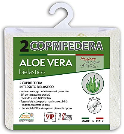V.I.P. Coppia Federe Aloe Vera Jacquard Elasticizzato con Zip 50 x 80 cm, Made in Italy