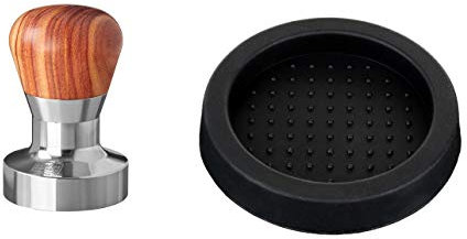 Scarlet Espresso | Tamper « Passion » pour barista ; avec manche ergonomique en PVC ou en bois précieux au choix et base en acier inoxydable de précision (set 49 mm et plateau pour tamper)