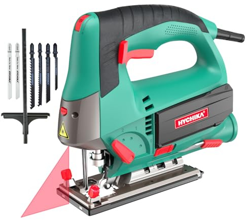 HYCHIKA Jig saw, 6.7A Jig Saw 800-3000SPM with 6 Variable Speeds, 4 Orbital Sets, Bevel Angle 45°, 6PCS Blades, Pure Copper Motor, Laser Guide, Wood Metal Plastic Cutting