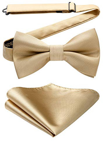 HISDERN Fliege Herren mit Einstecktuch Einfarbig Fliegen für Herren Beige Vorgebundene Fliege Anzug für Hochzeit Party