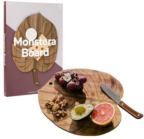 DOIY - Skärbräda och servering - Träskiva för ost - Monstera växtblad design - inkluderar 1 skärkniv - originella kökstillbehör - köksbräda - 41 x 28 x 1,5 cm