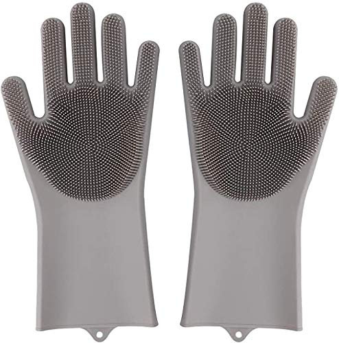 Silikon Spülhandschuhe mit Scrubber, Abwasch Reinigungshandschuhe, Wiederverwendbare Hitzebeständige, Magische Handschuhe für Küche, Bad, Auto, Pet Hair Care (grau)