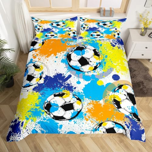 Feelyou Boys Duvet Cover Football Bedding Set for Kids Boys Teens Ultra Soft Sports Theme Comforter Cover Soccer Ball Pattern Bed Decor Bedclothes 3Pcs Queen Size