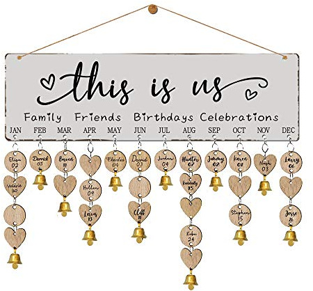 Buecasa Wooden Family Birthday Reminder Calendar Board Wall Hanging - DIY Decorative Birthday Tracker Plaque with 100 Tags - Gifts Presents for Mom Grandmas