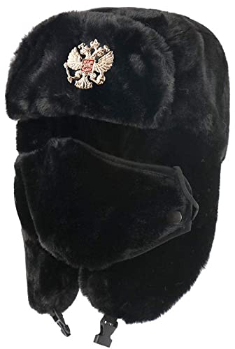 BZNOO Herren Winter Fliegermütze Sowjetisches Abzeichen Ushanka Männer & Frauen Bomberhüte Armee Pilot Trapper Soldat Hut Winterohrklappe Schneekappen-Russland_Schwarz