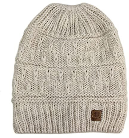 Ever Bloom Strickmütze Damen mit Zopfloch, made in EU, Beanie Mütze für Frauen und Mädchen, Warme Gestrickte Wintermütze, Mütze Farben:Beige