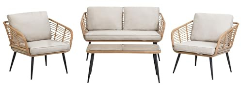 Beliani Gartenset Tisch Sofa 2 Sessel Sicherheitsglas/Stahl grau/natürlich Corinth II