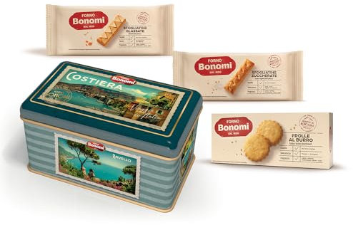 Forno Bonomi, biscotti assortiti in una scatola regalo di latta dedicata alla Costiera Amalfitana. La migliore selezione della nostra pasticceria in una confezione rettangolare da 420 grammi.