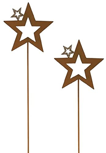 ETC weihnachtlicher stimmungsvoller Garten-Stecker Stern am Stab Dekostern Weihnachtsstern Metall beiseitig farbig je nach Auswahl Preis für 2 Stück (2 x rostig mit Goldglitzer)