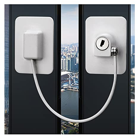 Window Restrictor Locks, 2 Pcs Self-Adhesive Window Door Restrictor Security Lock, Child Baby Safety Self Adhesive Security Wire Catch with Screws Keys, Fridge Door Lock No Punching