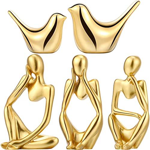 Qunclay 5 Pcs Gold Decor Accents Set Resin Thinker Statue Small Bird Figurines Abstract Decorative Modern Collectible Sculpture for Home Office Bookshelf Living Room Desktop Decor(Gold)