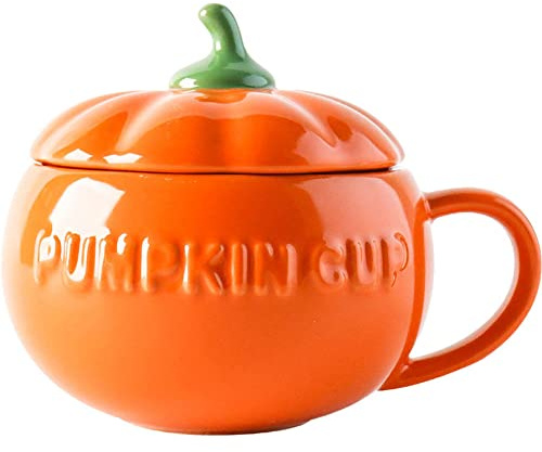 Eplze YBK Tech Tasse en Forme de Citrouille, Tasse à Café en Céramique, Tasse à thé avec Couvercle, 15.5oz (Tasse)