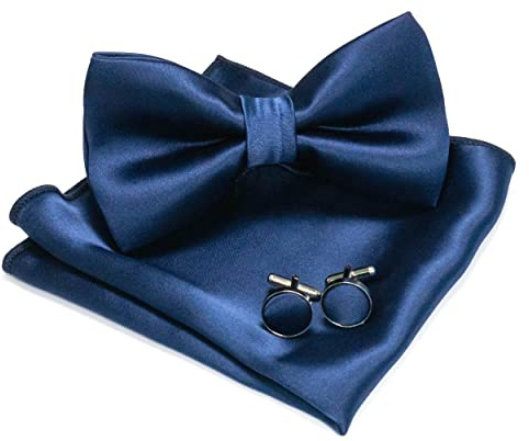 JEMYGINS Herren Fliege Dunkelblau 4 Satin Fliege und Einstecktuch mit Manschettenknöpfe Sets