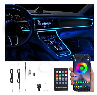 QAUBEN USB Auto Umgebungsbeleuchtung Glasfaser 64 Farben Musik Sound Aktiv mit APP Steuerung Auto Dekorative Atmosphäre Beleuchtung Kit DC 12V 1W 3m mit QC 3.0 Auto Ladegerät