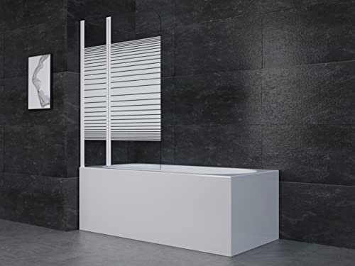MARWELL Badewannenaufsatz White Lines 100x140 cm – 2-teilige faltbare Duschwand in matt weiß – Duschabtrennung aus 4 mm Einscheibensicherheitsglas für Badewanne