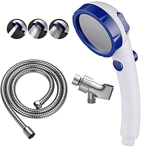 KAIYING High Pressure Handheld Shower Head with ON/OFF Pause Switch, 3 Spray Modes Shower Wand with Shut Off Button, Removable Camper Shower Head with Hose and Adjustable Angle Bracket (White & Blue)