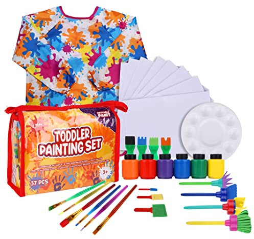 J MARK Toddler Painting Set – 38-Piece Set with Art Smock, 6 Washable Tempera Paints, Painting Paper, Brushes, Sponges, Painting Tools and Palette (Colors)