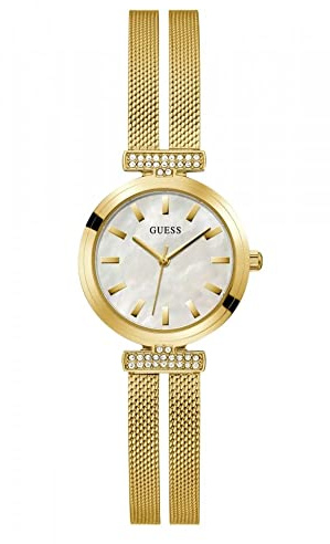Guess Array Damen Armbanduhr, Edelstahl, 28 mm, Edelstahlarmband, Farbe: Gold, 3 bar, Zifferblatt: Silber, Datumsanzeige, GW0471L2