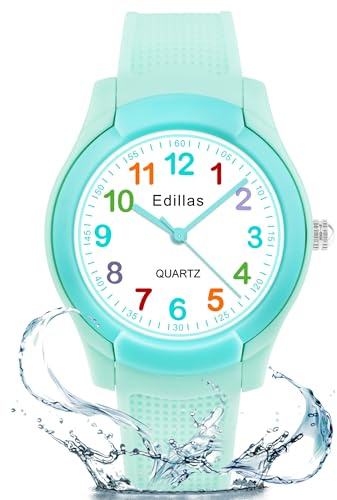 Edillas Kinderuhr Analog für Jungen Mädchen,wasserdichte Armbanduhr Jungen Mädchen Kinder Kleinkind zum Leicht zu lesen Lernen Zeitschule mit Weichem Riemen Lernen Uhren (blau)