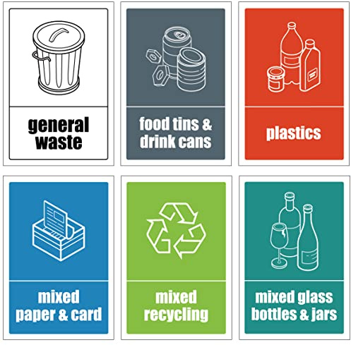 Mixed Set of Recycling Bin Signs/Stickers Pack - Self Adhesive Vinyl - Pack of 6 Stickers （150mm x 100mm）