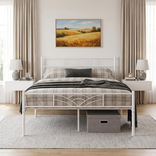 Panana Strong Metal Bed Frame,4FT6 Double Size Heavy Duty Solid Double Bedstead Base with Headboard & Footboard,Easy Assembly Bed Frame for Adults, Guest Room (ModelB -White, 4ft6 double)