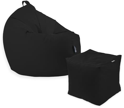 Premium 2-in-1 Sitzsack mit Füllung | Fußhocker | für Kinder & Erwachsene | Outdoor & Indoor | Sitzkissen | Bodenkissen | Wasser- & schmutzabweisend + Sitzpouf 35x35x35cm (Schwarz, 100 CM + Sitzspouf)