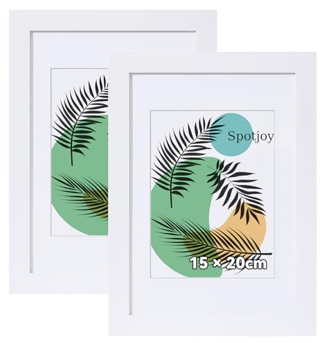 Spotjoy Bilderrahmen 2er Set 15x20 cm mit Passepartout | Holzrahmen Rahmen für Tisch- und Wandmontage Zertifikatsrahmen mit Acrylglas für Fotos, Poster, Porträts, Weiß