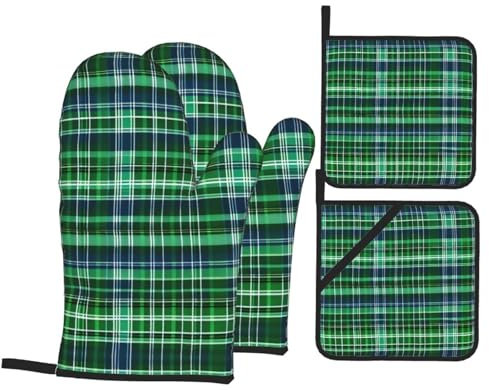 Set di guanti da forno e presine in tartan scozzese blu e verde, perfetti per cucina e San Valentino, set di guanti da cucina resistenti