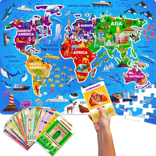 QUOKKA Giant Puzzles For 3 4 Year Olds - 90x60 cm 150pc WORLD MAP Shaped Jigsaw Puzzles For Kids - Large Floor Educational Jigsaw Toys for 3 5 Year Olds - Map Of The World Game Gift For Boys and Girls